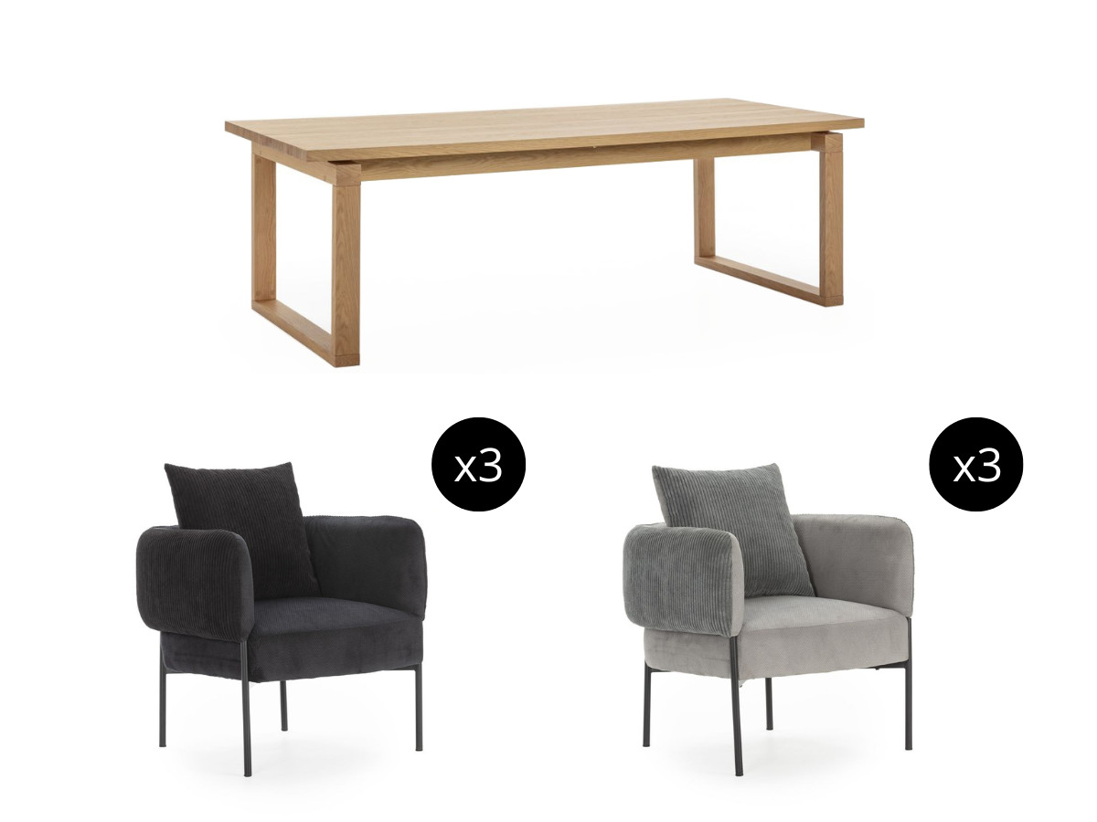 MARIN set met 220 cm eikenhouten eettafel + 6 GABIN corduroy fauteuils