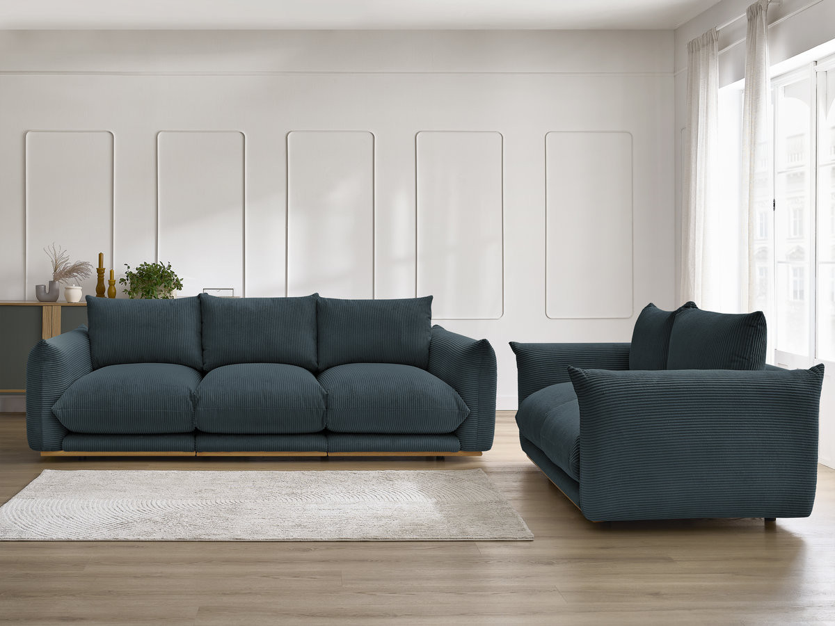 Ensemble canapé droit 3 + 2 places ERNEST velours côtélé bleu foncé — vue 5