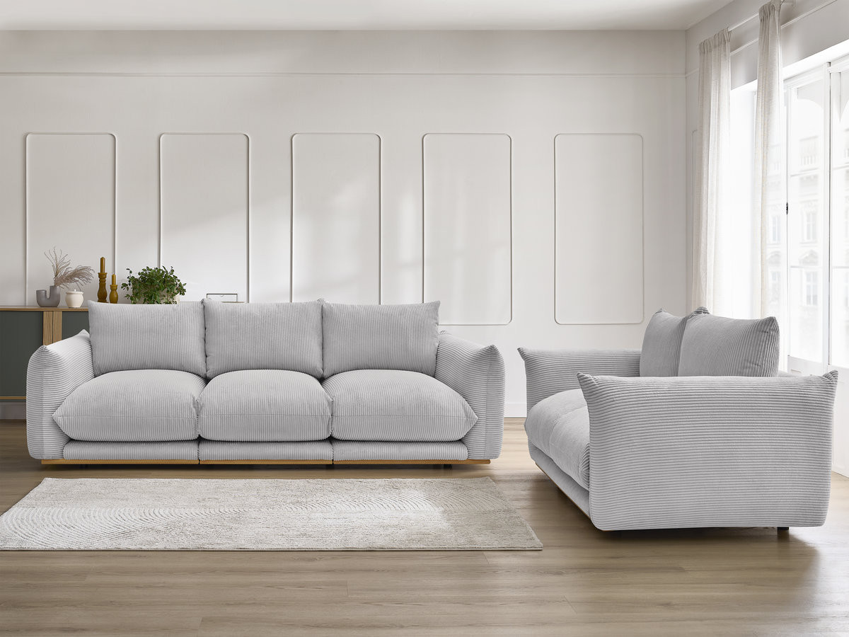 Ensemble canapé droit 3 + 2 places ERNEST velours côtélé gris clair — vue 5