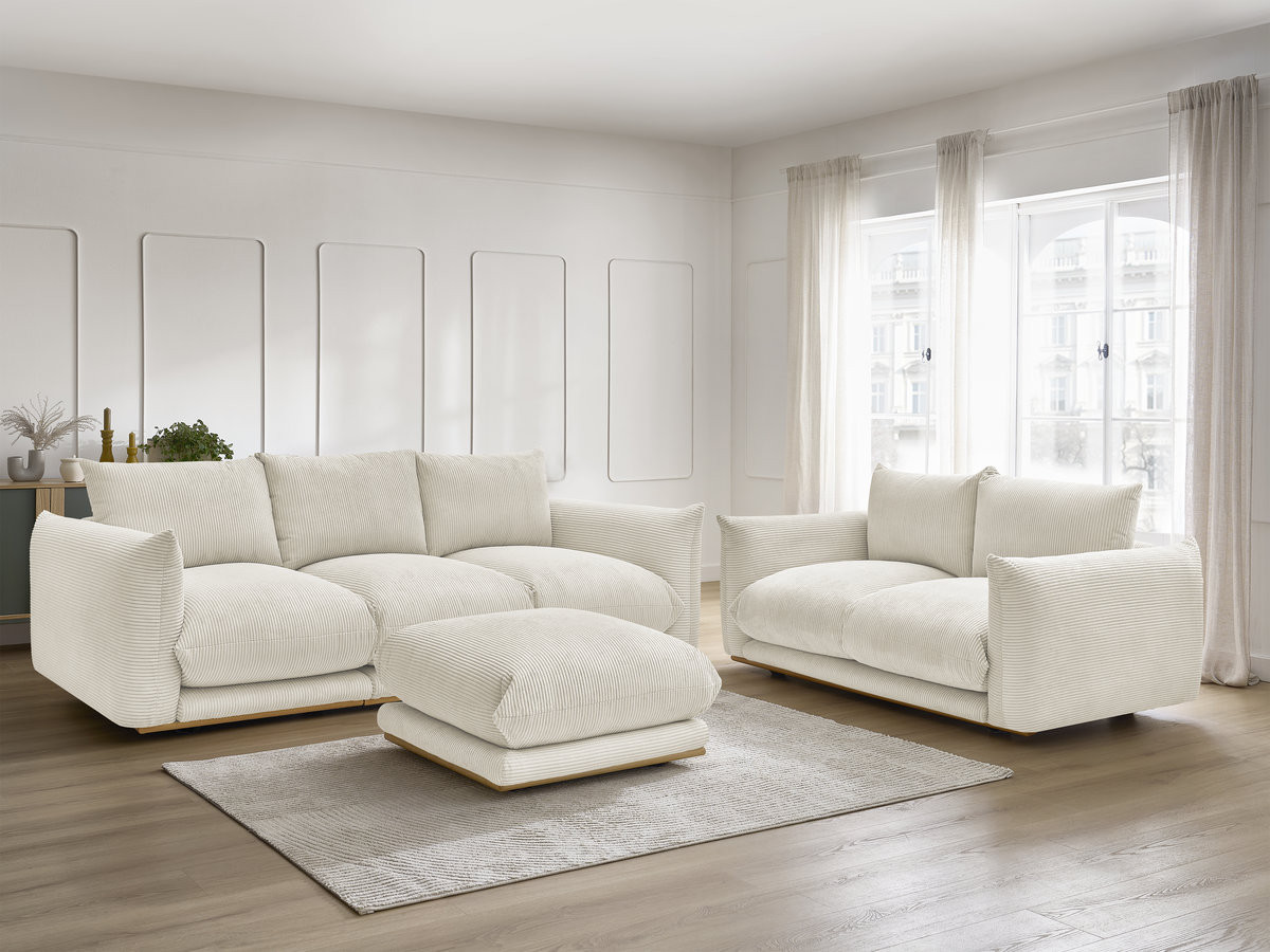 Ensemble canapé droit 3 + 2 places ERNEST velours côtélé avec pouf beige