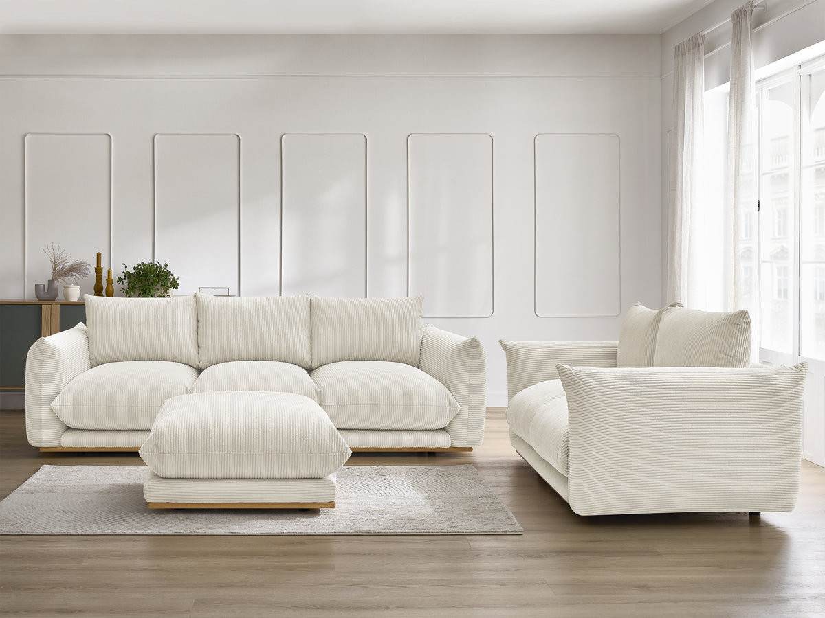 Ensemble canapé droit 3 + 2 places ERNEST velours côtélé avec pouf beige — vue 5