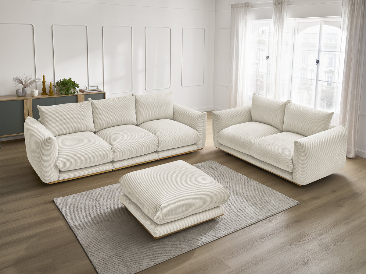 Ensemble canapé droit 3 + 2 places ERNEST velours côtélé avec pouf beige — vue 6