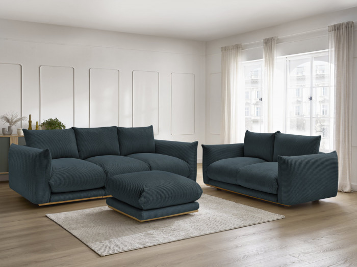 Ensemble canapé droit fixe 3 + 2 places ERNEST tissu velours côtélé avec pouf