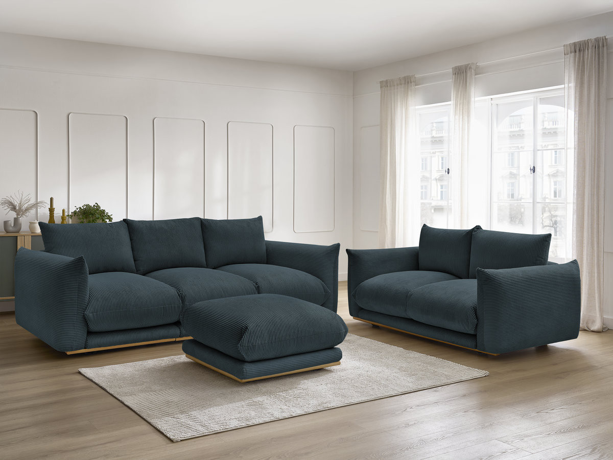 Ensemble canapé droit 3 + 2 places ERNEST velours côtélé avec pouf bleu foncé
