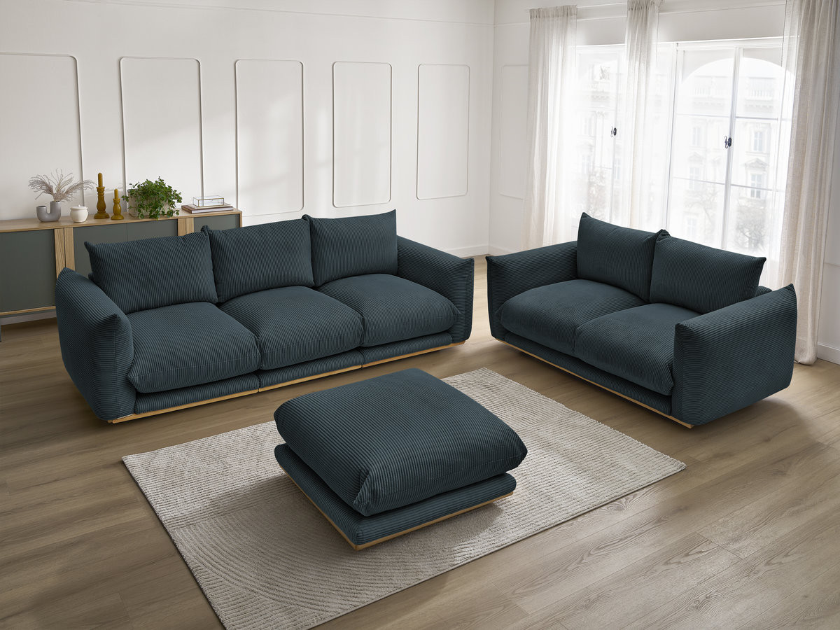 Ensemble canapé droit 3 + 2 places ERNEST velours côtélé avec pouf bleu foncé — vue 6