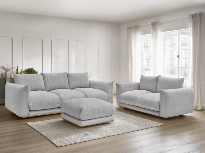 Ensemble canapé droit fixe 3 + 2 places ERNEST tissu velours côtélé avec pouf