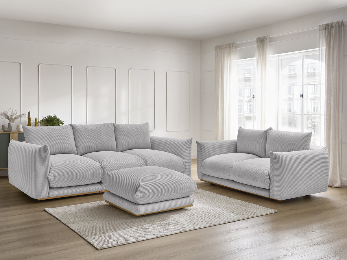 Ensemble canapé droit 3 + 2 places ERNEST velours côtélé avec pouf gris clair