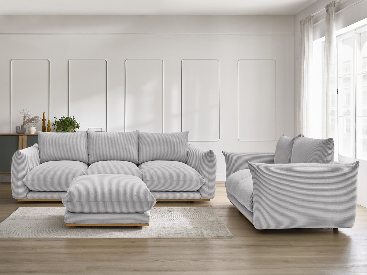 Ensemble canapé droit 3 + 2 places ERNEST velours côtélé avec pouf gris clair — vue 5