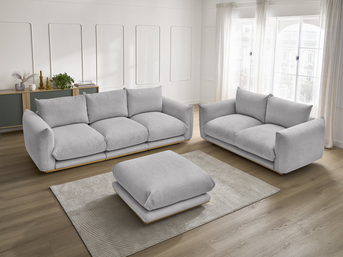 Ensemble canapé droit 3 + 2 places ERNEST velours côtélé avec pouf gris clair — vue 6