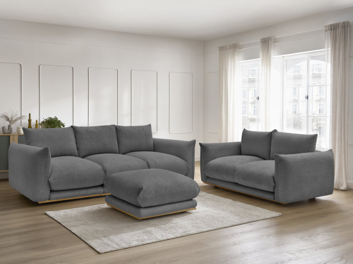 Ensemble canapé droit fixe 3 + 2 places ERNEST tissu velours côtélé avec pouf