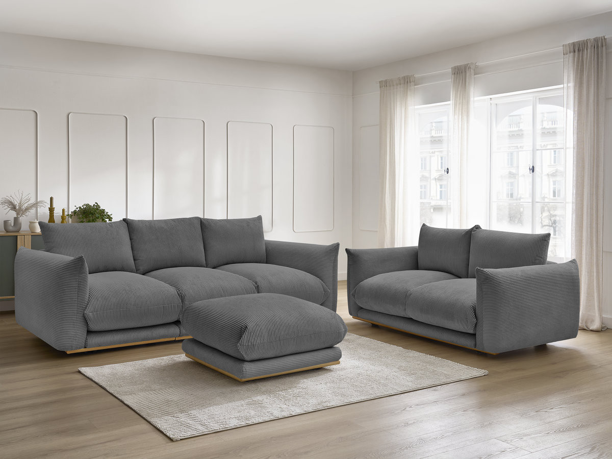 Ensemble canapé droit 3 + 2 places ERNEST velours côtélé avec pouf gris foncé