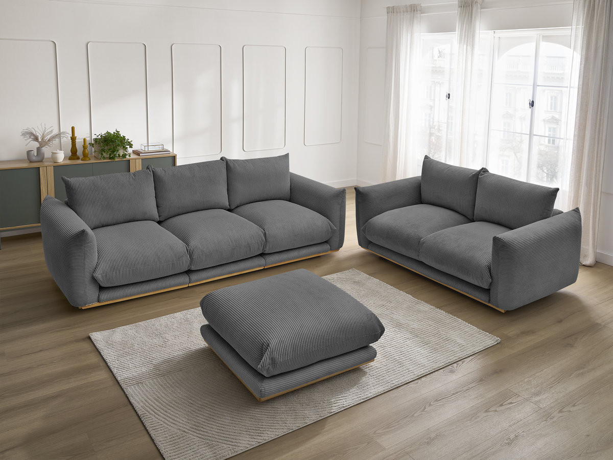 Ensemble canapé droit 3 + 2 places ERNEST velours côtélé avec pouf gris foncé — vue 6