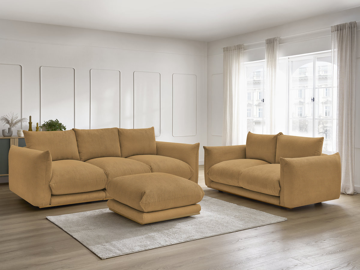 Ensemble canapé droit 3 + 2 places ERNEST velours côtélé avec pouf jaune