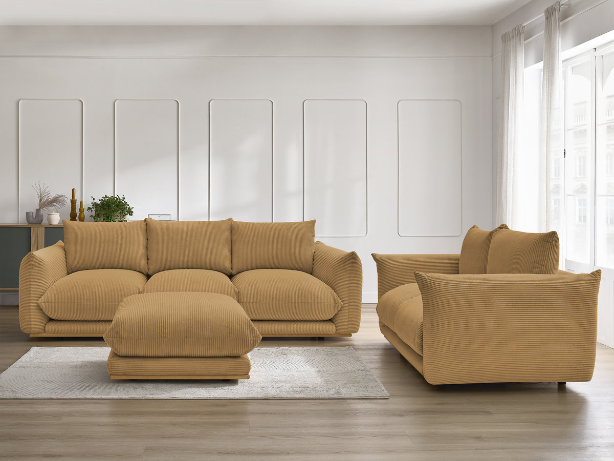 Ensemble canapé droit 3 + 2 places ERNEST velours côtélé avec pouf jaune — vue 5