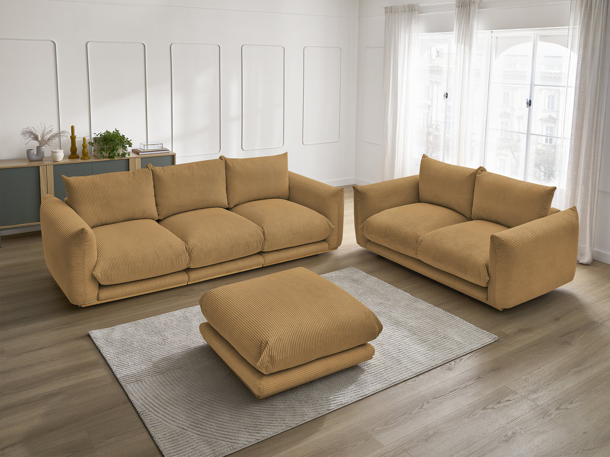 Ensemble canapé droit 3 + 2 places ERNEST velours côtélé avec pouf jaune — vue 6