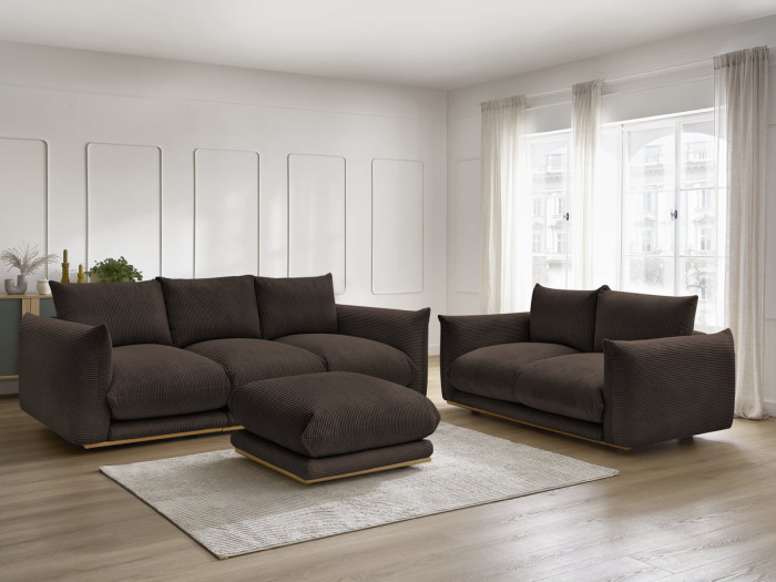 Ensemble canapé droit fixe 3 + 2 places ERNEST tissu velours côtélé avec pouf