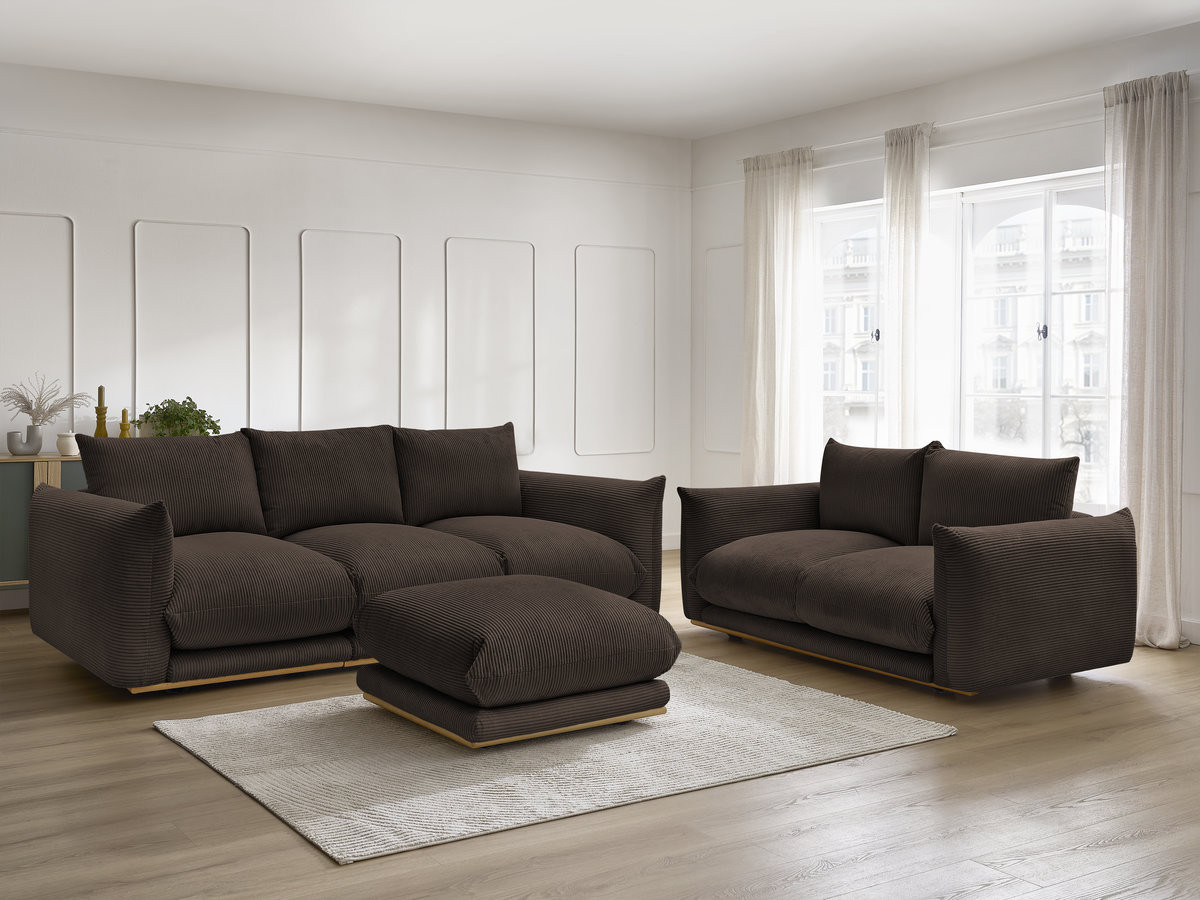 Ensemble canapé droit 3 + 2 places ERNEST velours côtélé avec pouf marron