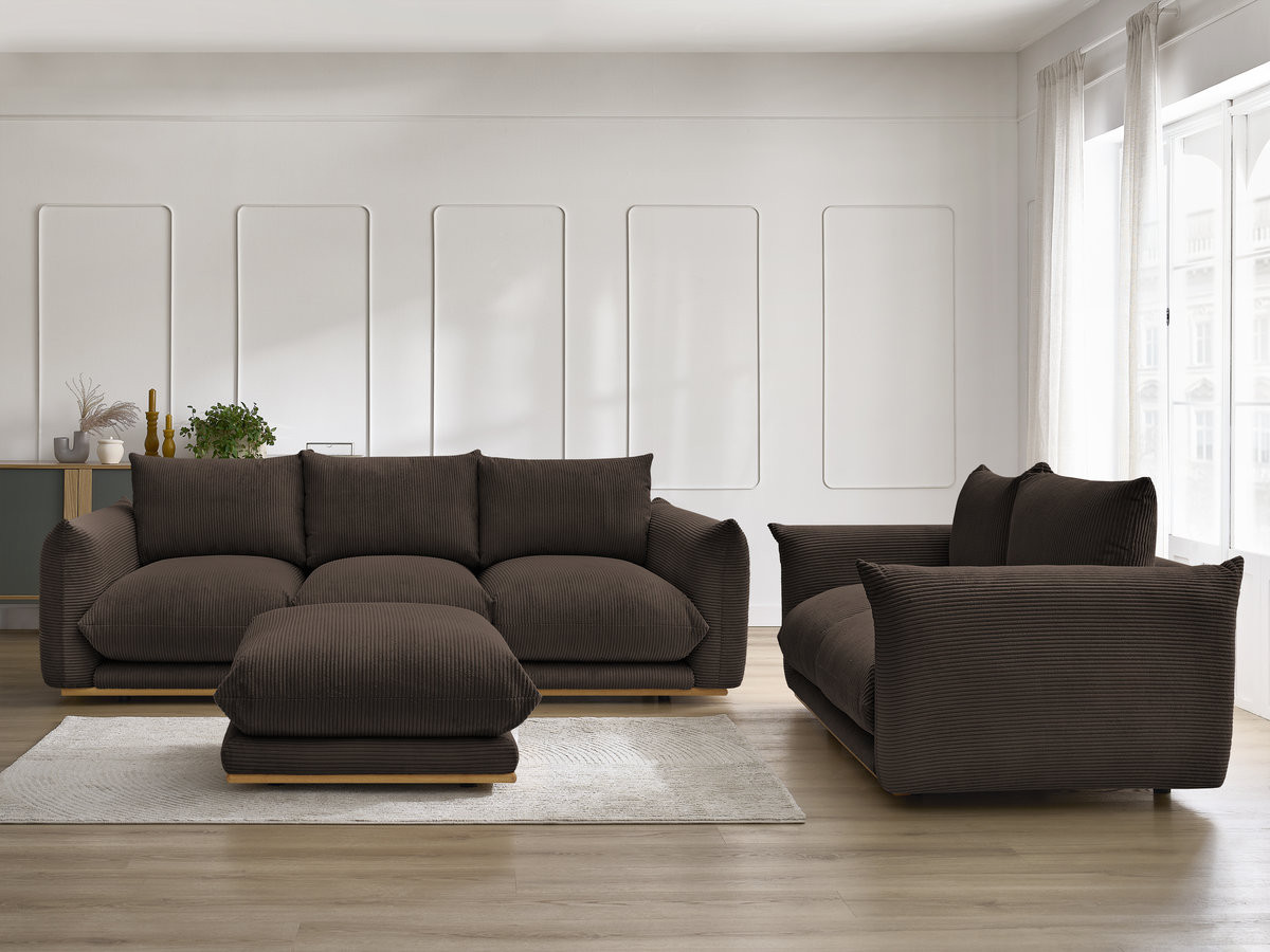 Ensemble canapé droit 3 + 2 places ERNEST velours côtélé avec pouf marron — vue 5