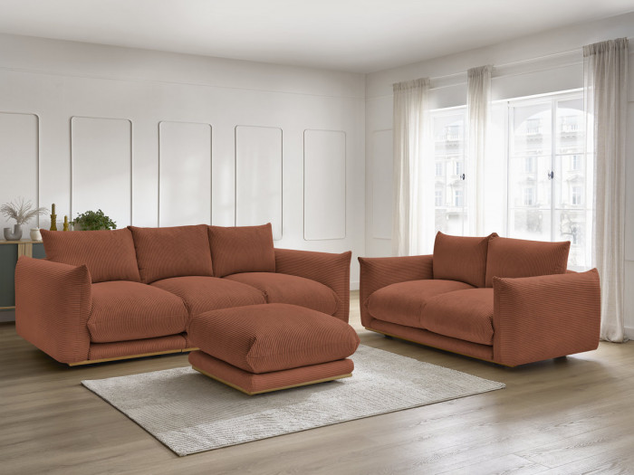 Ensemble canapé droit fixe 3 + 2 places ERNEST tissu velours côtélé avec pouf