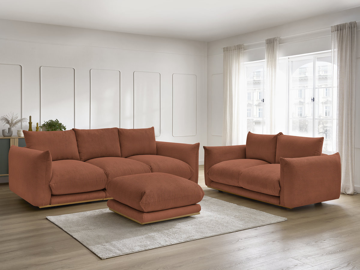 Ensemble canapé droit 3 + 2 places ERNEST velours côtélé avec pouf orange