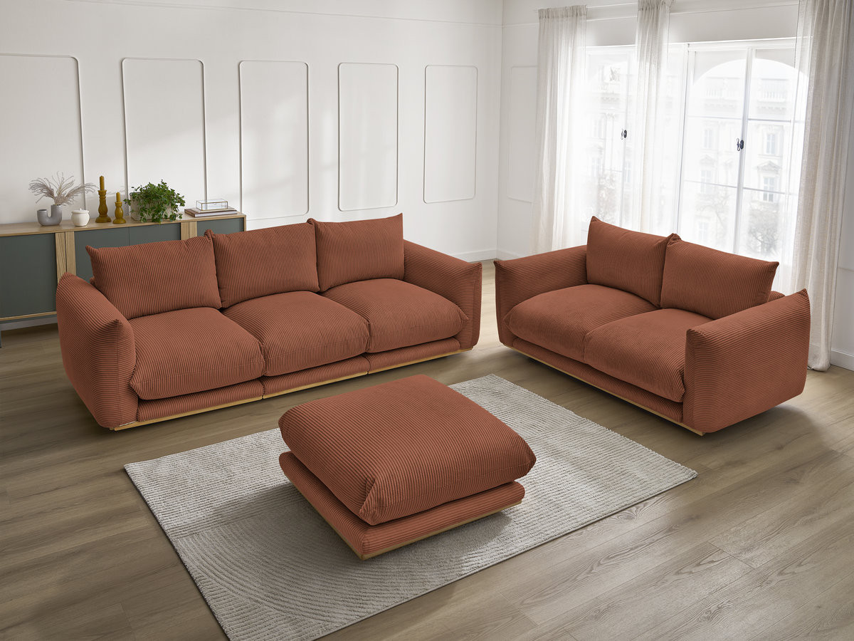 Ensemble canapé droit 3 + 2 places ERNEST velours côtélé avec pouf orange — vue 6