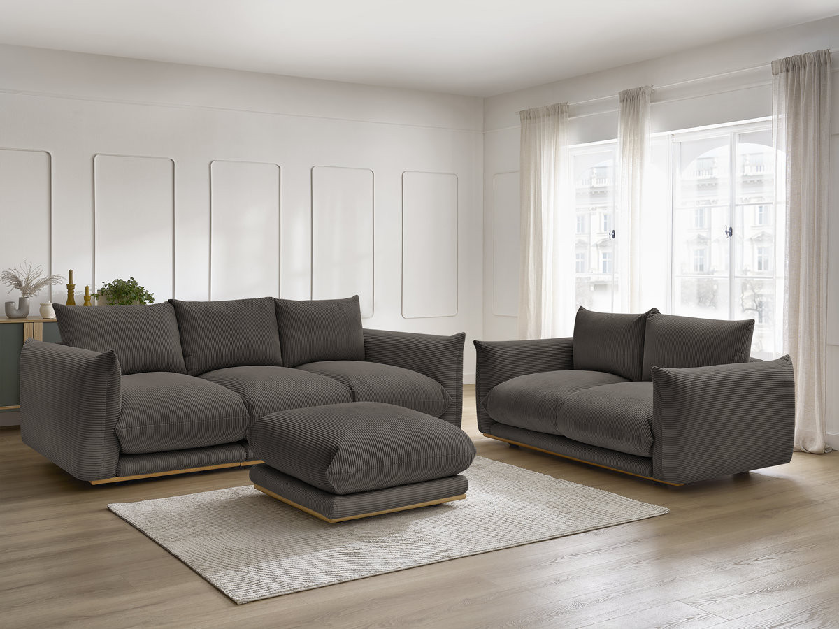 Ensemble canapé droit 3 + 2 places ERNEST velours côtélé avec pouf taupe