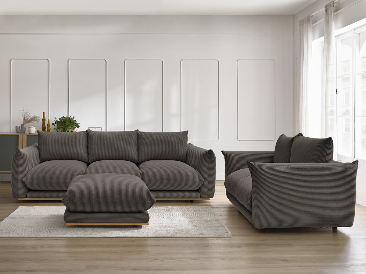 Ensemble canapé droit 3 + 2 places ERNEST velours côtélé avec pouf taupe — vue 5