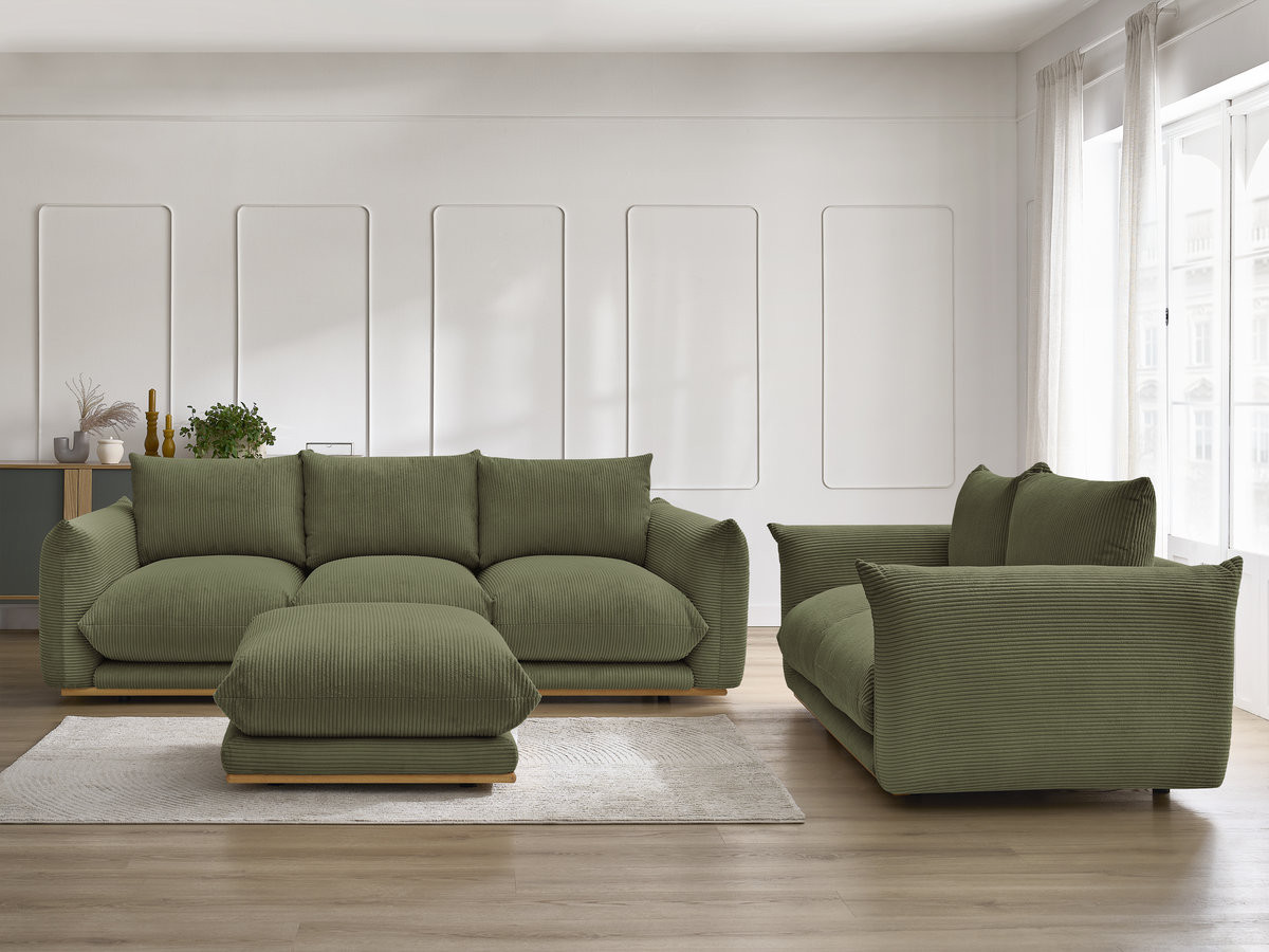 Ensemble canapé droit 3 + 2 places ERNEST velours côtélé avec pouf vert — vue 5