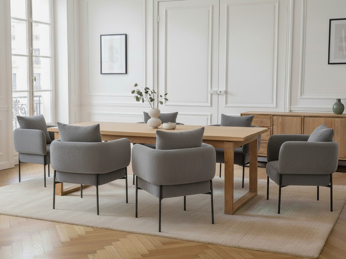 Ensemble MARIN avec table à manger 220 cm couleur chêne + 6 fauteuils GABIN velours côtelé