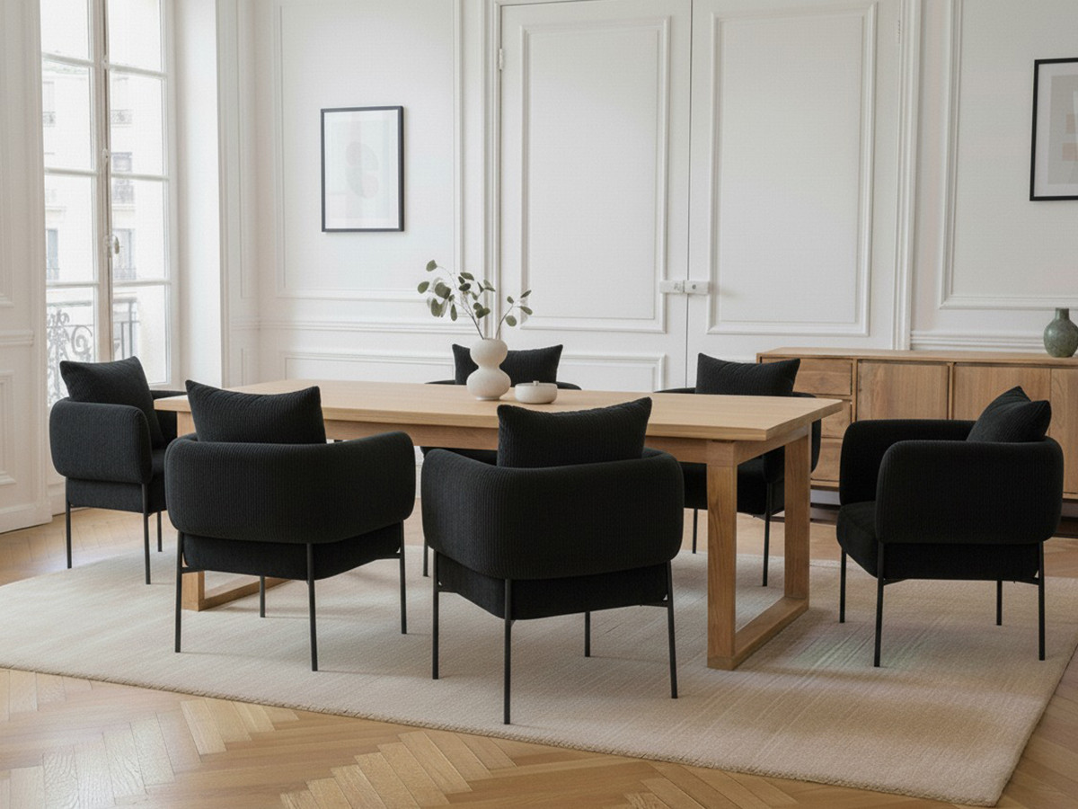 MARIN set met 220 cm eikenhouten eettafel + 6 GABIN corduroy fauteuils