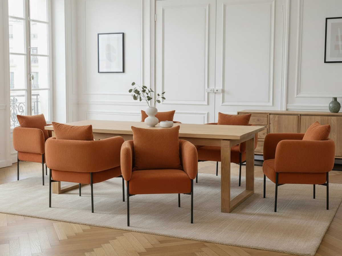 marin set met 220 cm eikenhouten eettafel + 6 gabin corduroy fauteuils gekleurd oranje