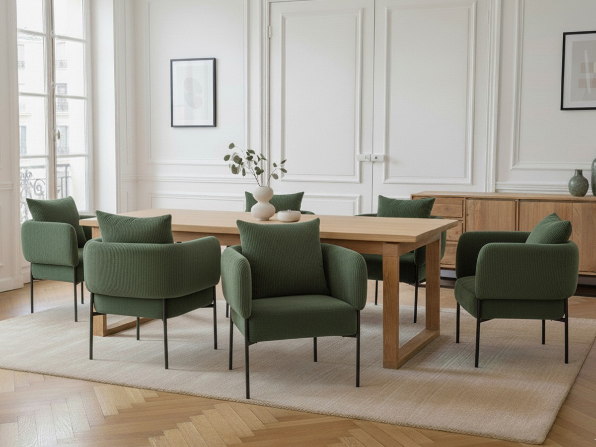 MARIN set met 220 cm eikenhouten eettafel + 6 GABIN corduroy fauteuils