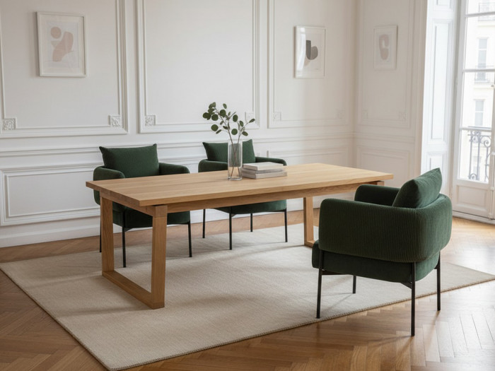 Ensemble MARIN avec table à manger 220 cm couleur chêne + 6 fauteuils GABIN velours côtelé