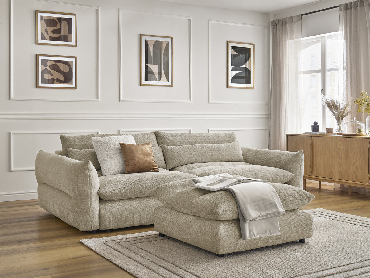 Canapé droit 3 places NEIL texturé avec pouf beige