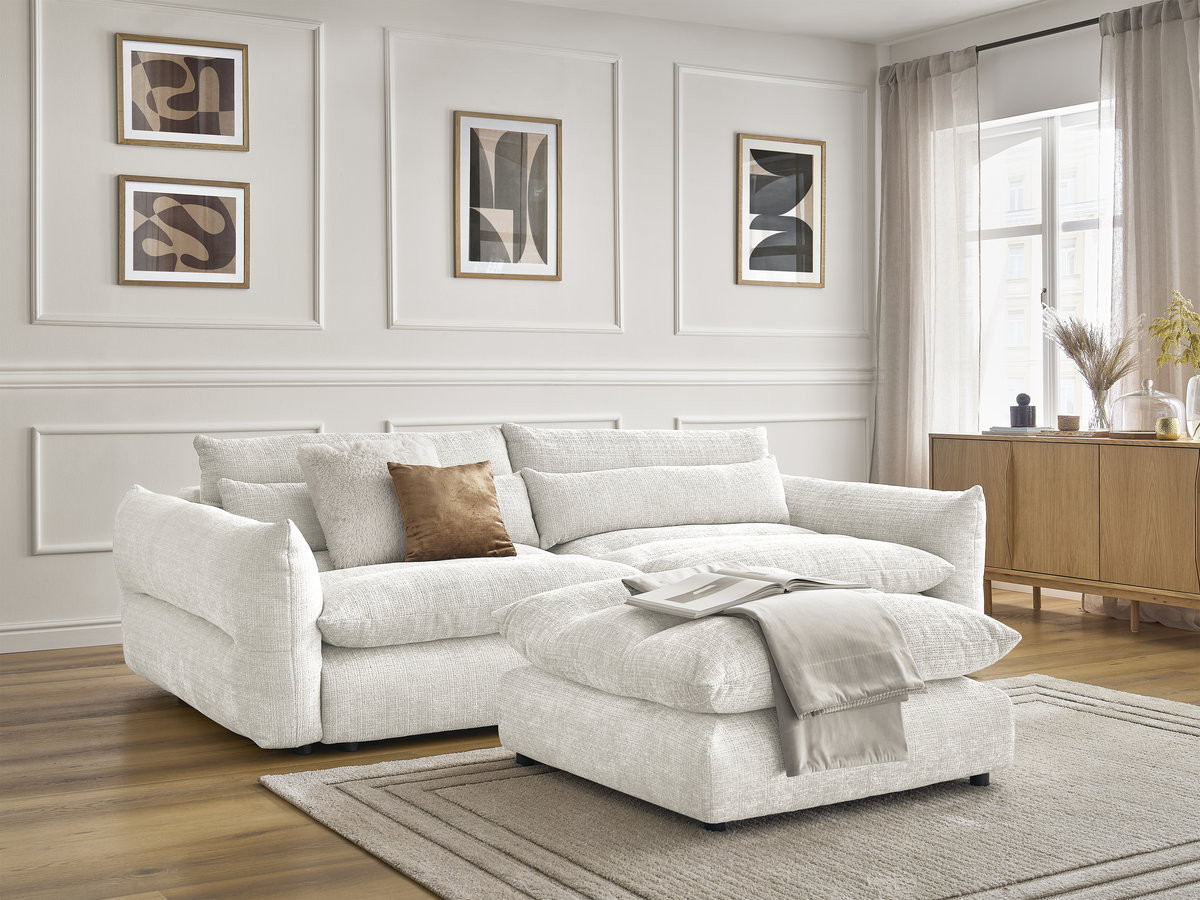 Canapé droit 3 places NEIL texturé avec pouf blanc
