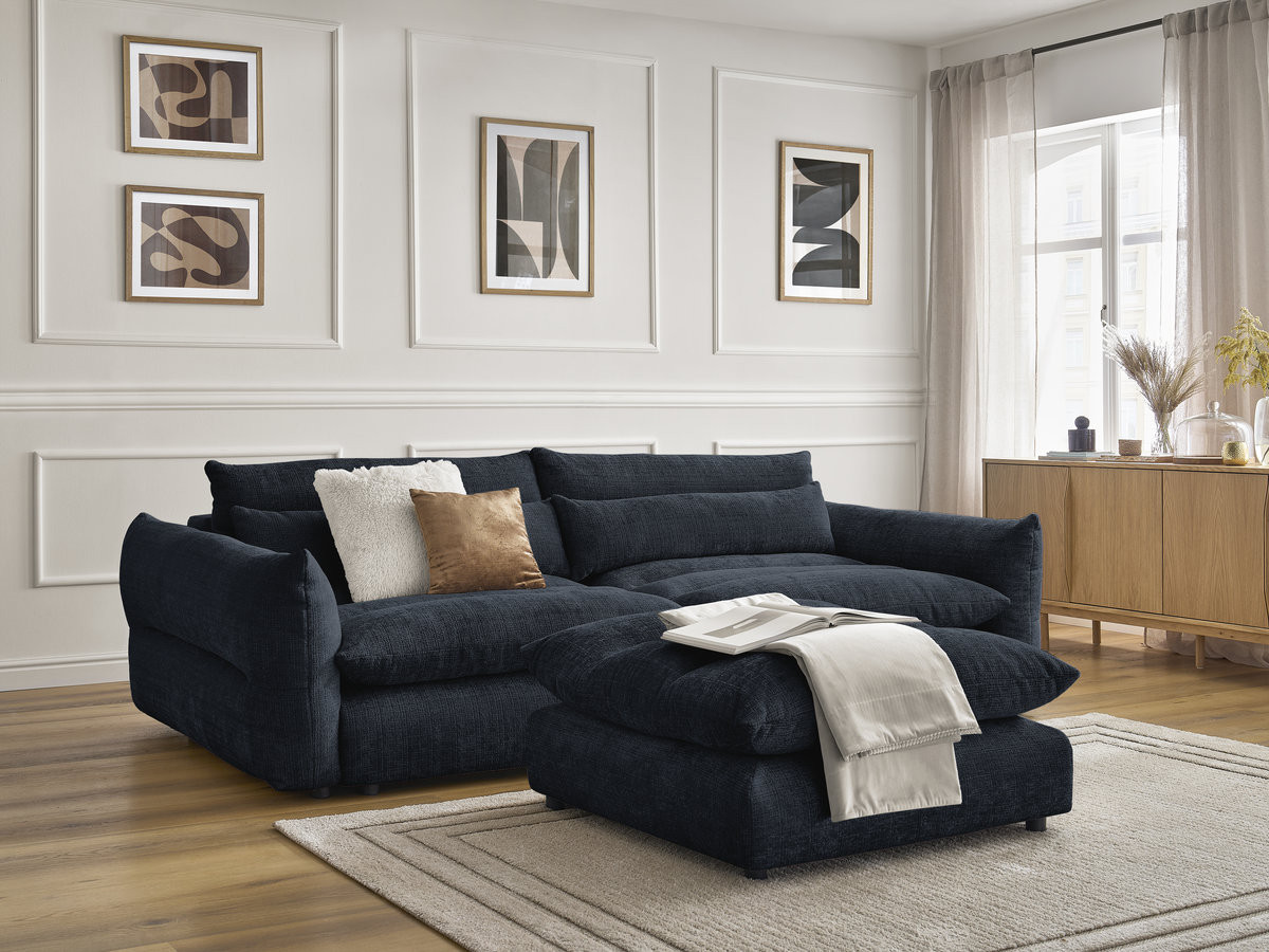 Canapé droit 3 places NEIL texturé avec pouf bleu foncé