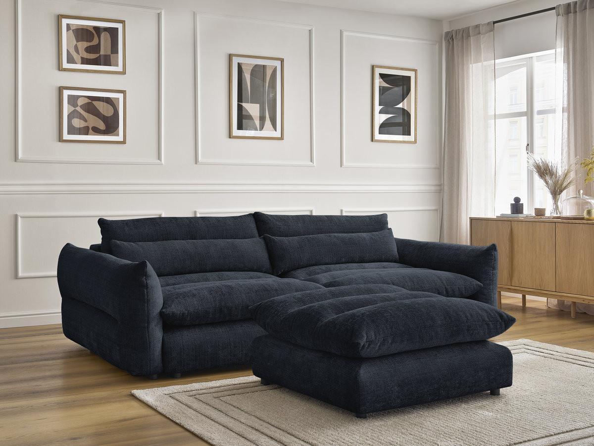 Canapé droit 3 places NEIL texturé avec pouf bleu foncé — vue 6