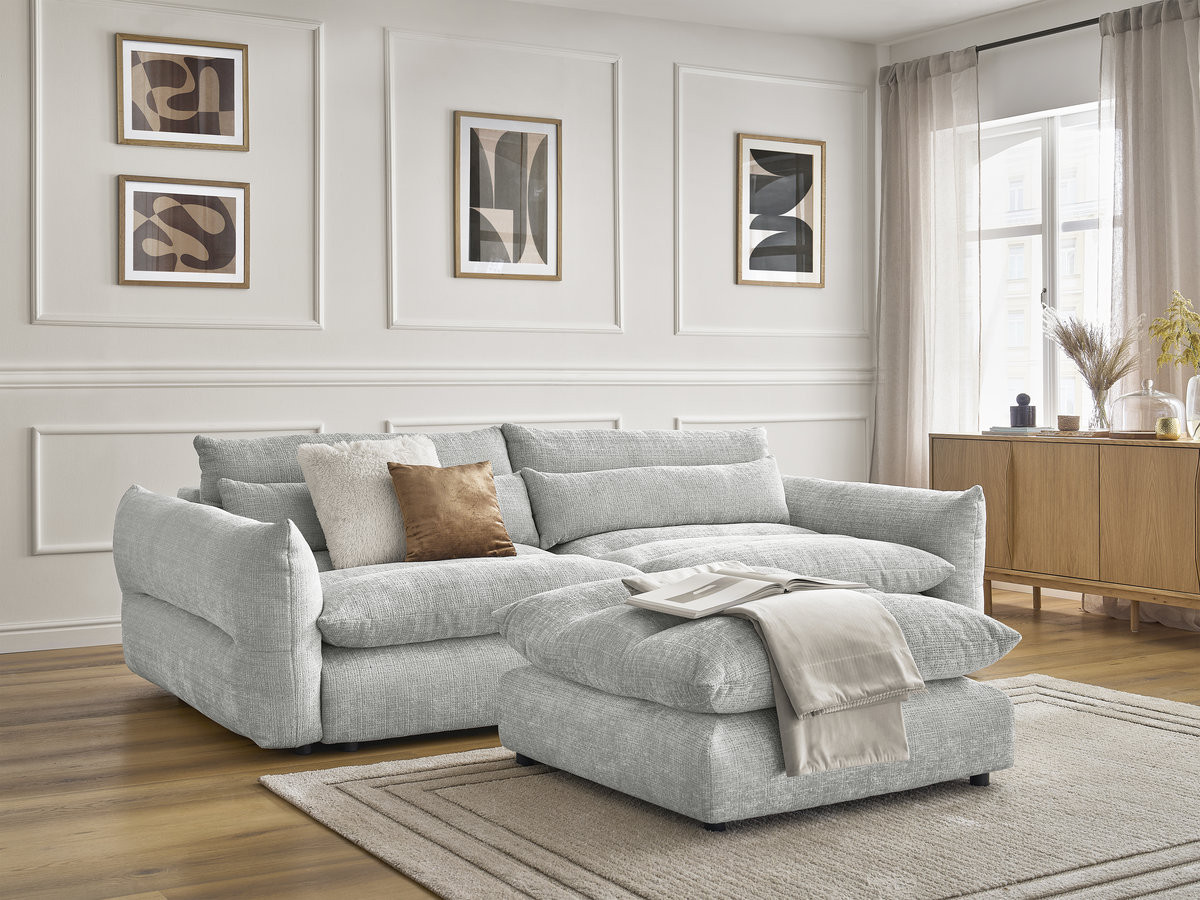 Canapé droit 3 places NEIL texturé avec pouf gris clair