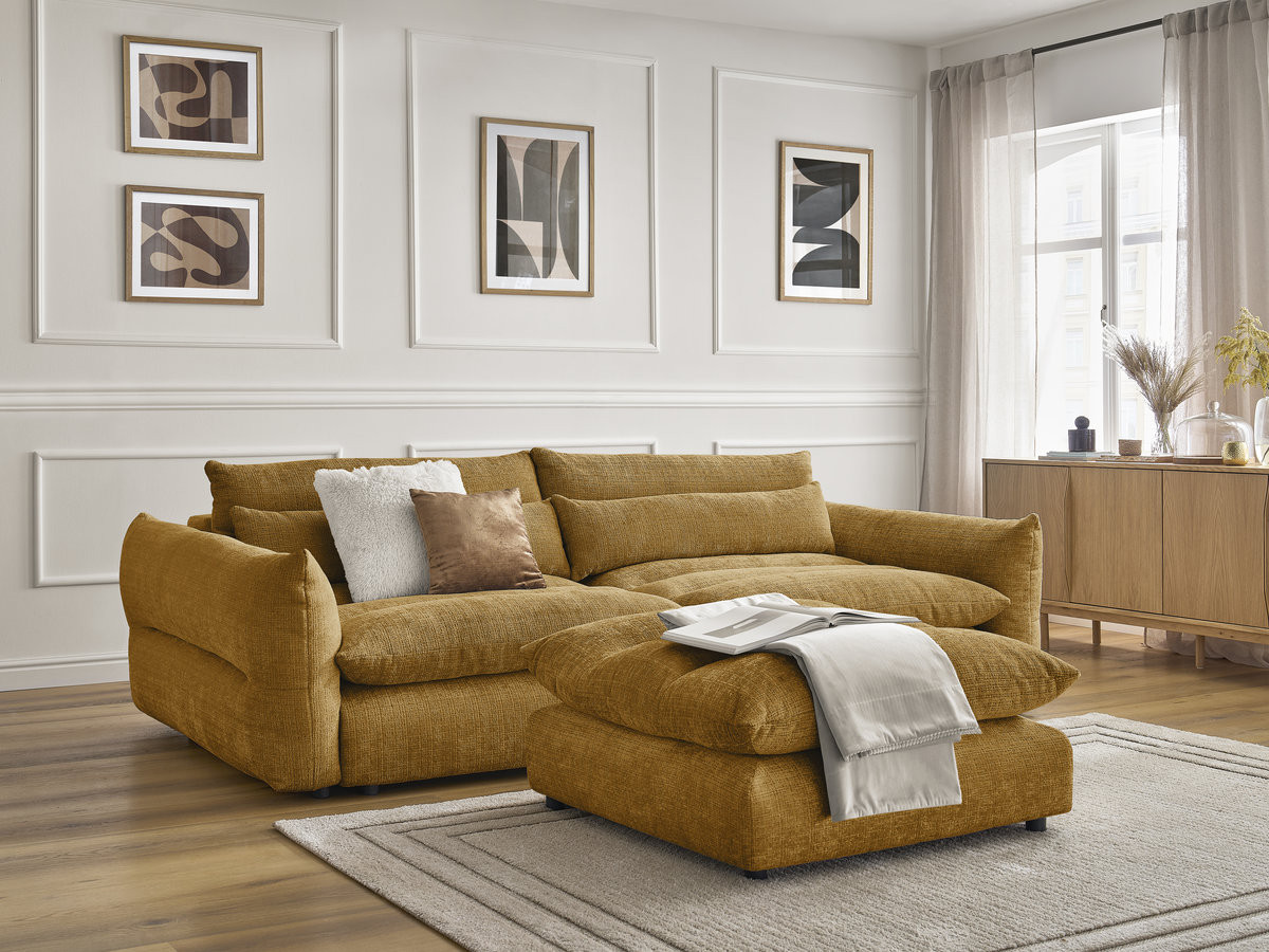 Canapé droit 3 places NEIL texturé avec pouf jaune