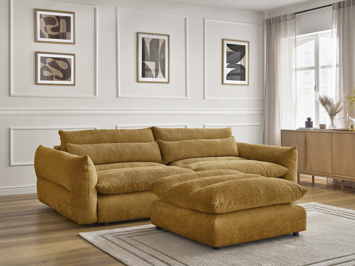 Canapé droit 3 places NEIL texturé avec pouf jaune — vue 6