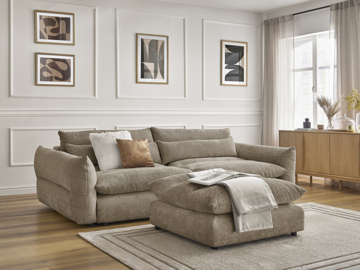 Canapé droit 3 places NEIL texturé avec pouf taupe