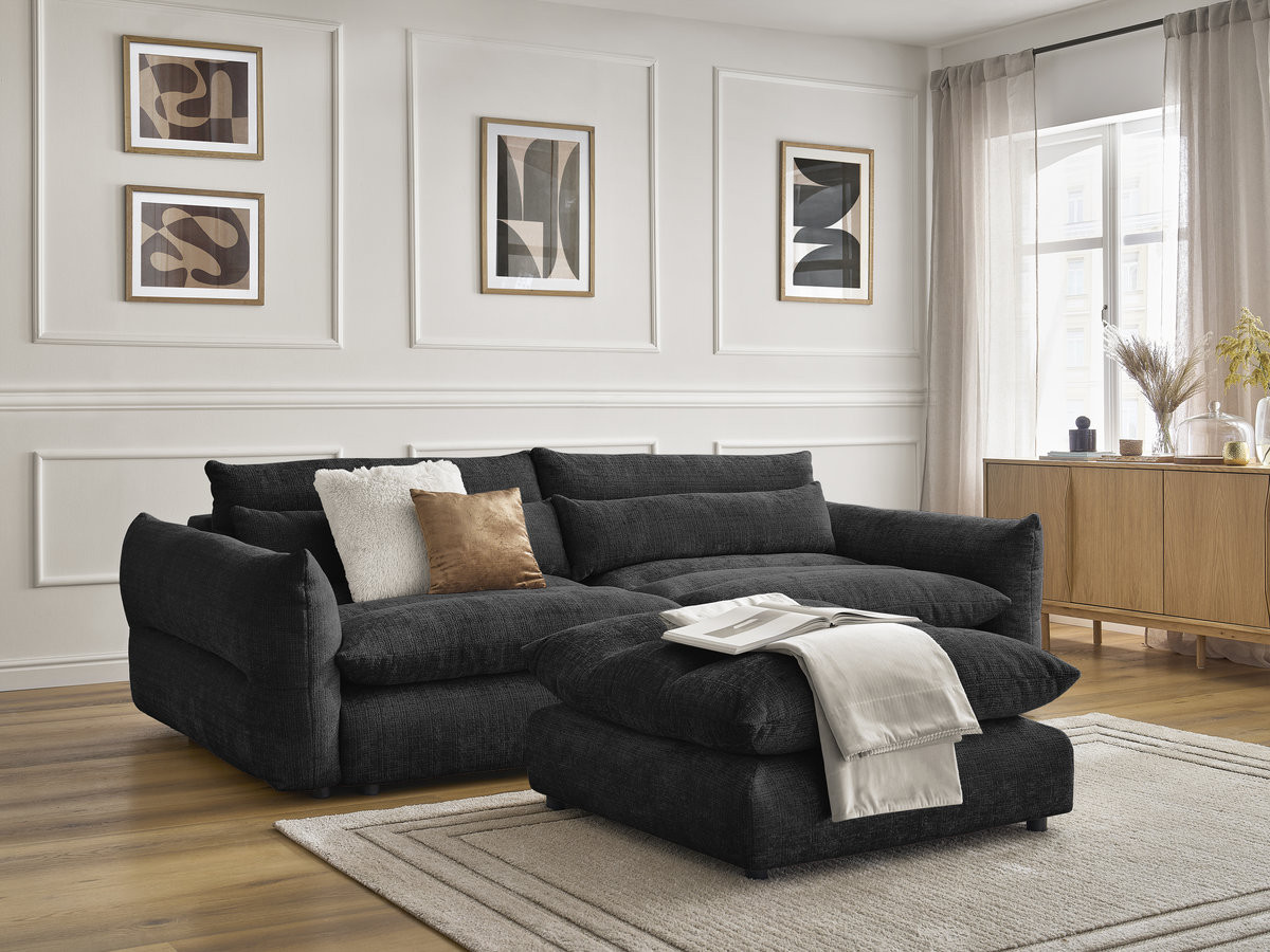Canapé droit 3 places NEIL texturé avec pouf noir