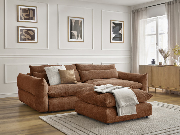 Canapé droit fixe 3 places NEIL tissu texturé avec pouf