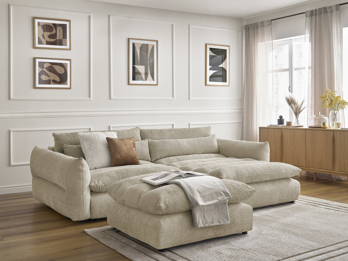 Canapé d'angle NEIL texturé avec pouf beige