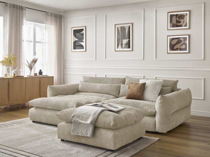 Canapé d'angle fixe NEIL tissu texturé avec pouf