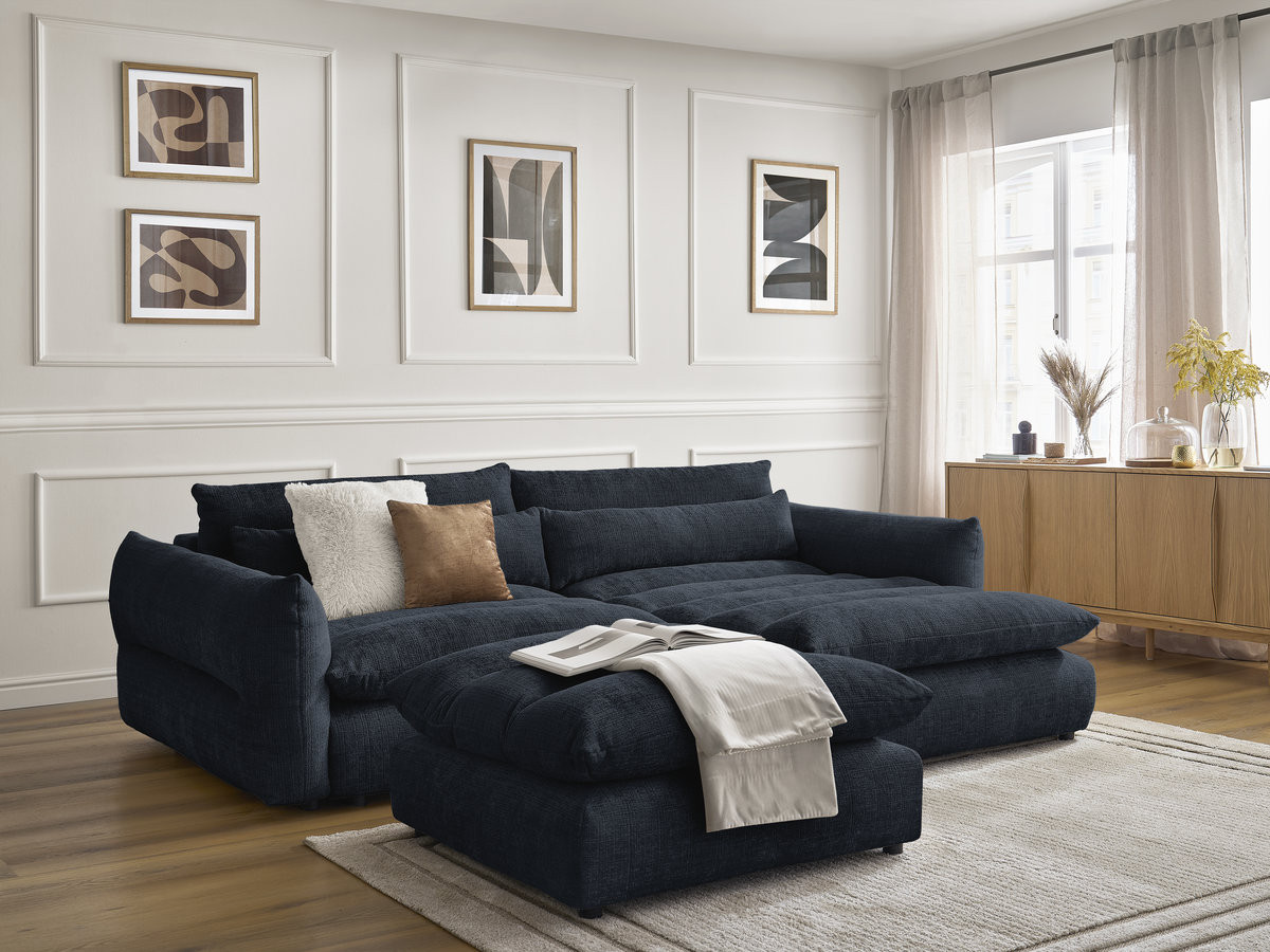 Canapé d'angle NEIL texturé avec pouf bleu foncé