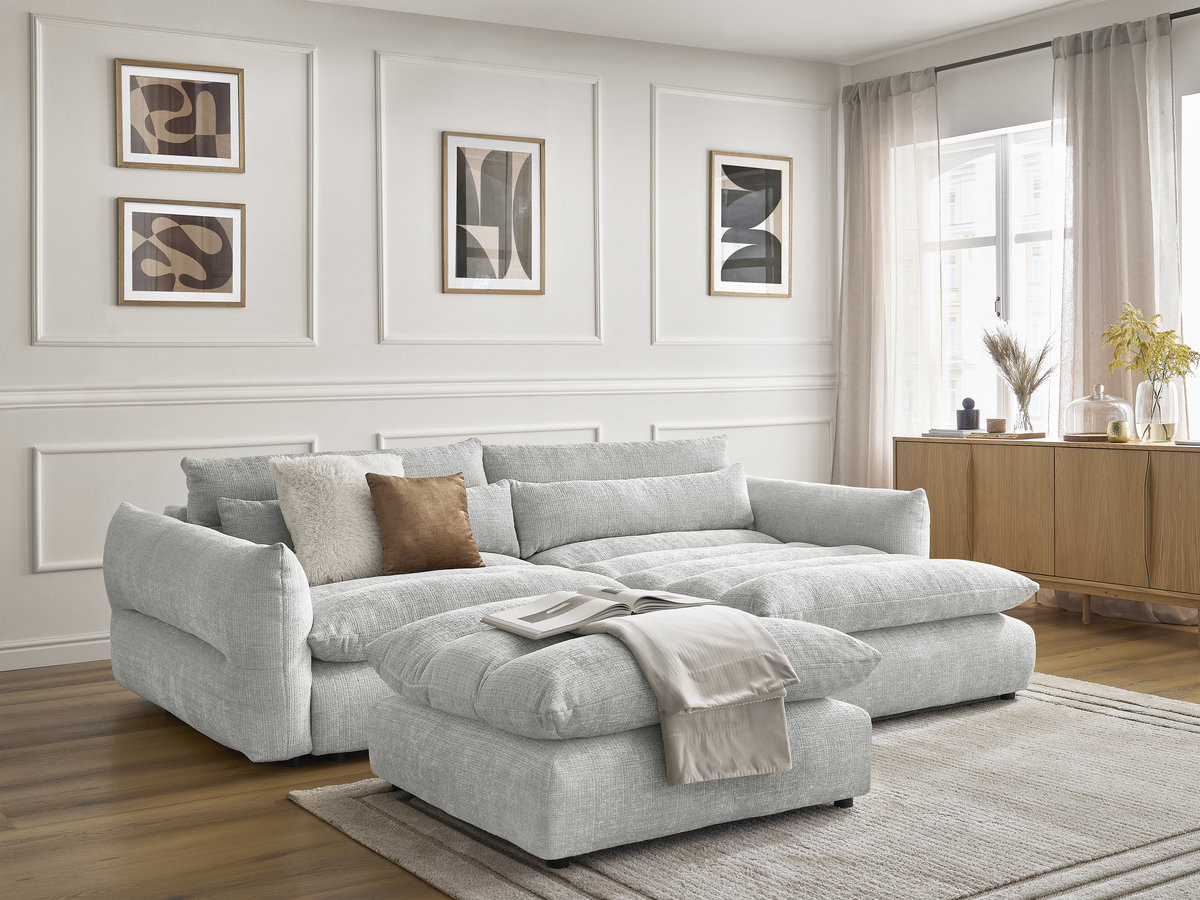 Canapé d'angle NEIL texturé avec pouf gris clair