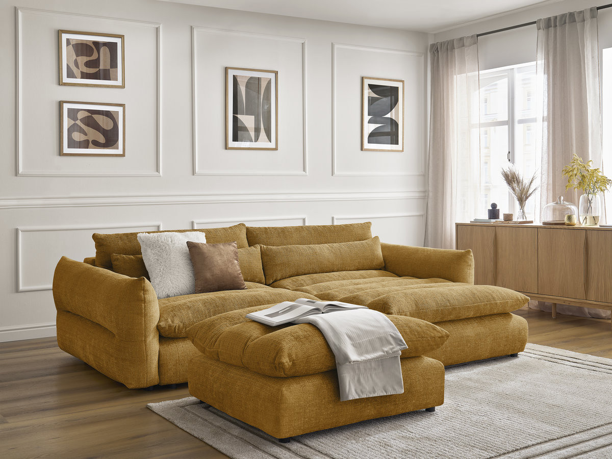 Canapé d'angle NEIL texturé avec pouf jaune