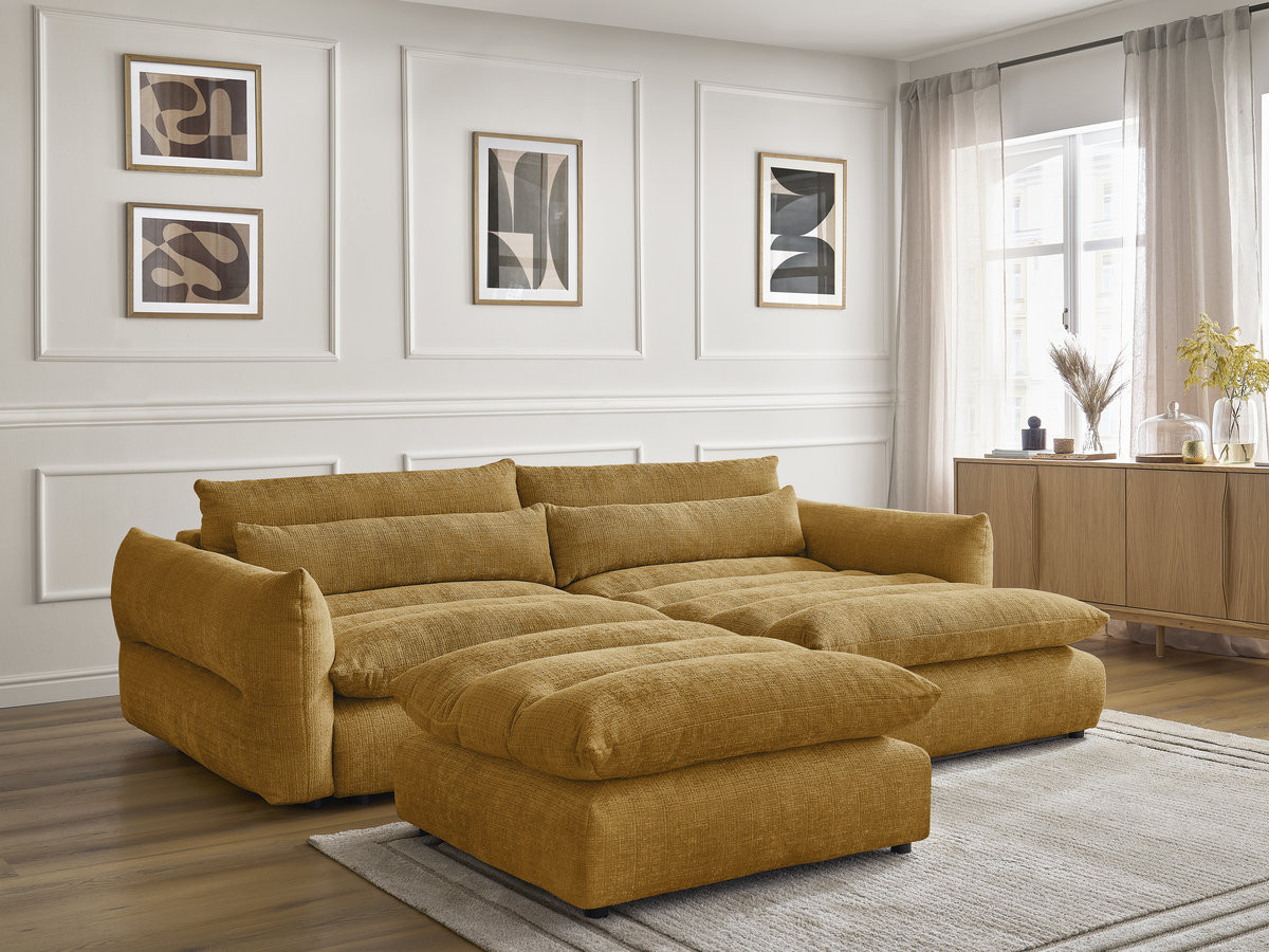 Canapé d'angle NEIL texturé avec pouf jaune — vue 6