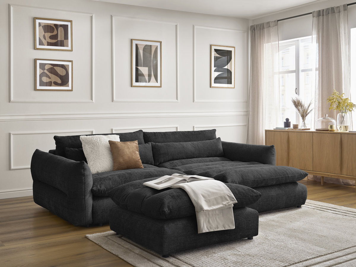 Canapé d'angle NEIL texturé avec pouf noir